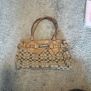 Coach Large Tan Hampton Signature Carryall Tote Purse with Braid Accents